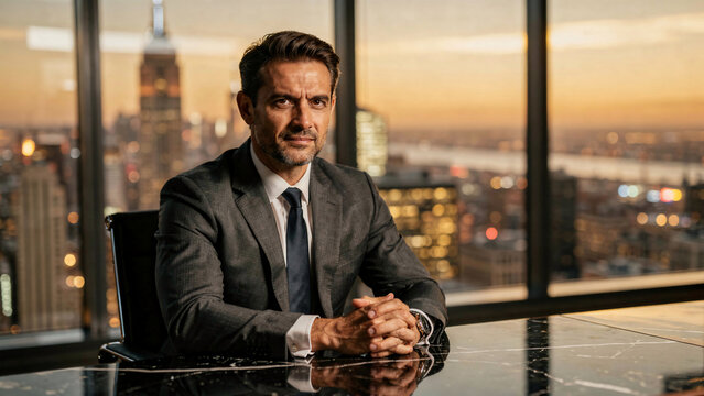 Confident businessman sitting at a modern desk in office with city skyline sunset view, ideal for corporate, finance and executive portraits