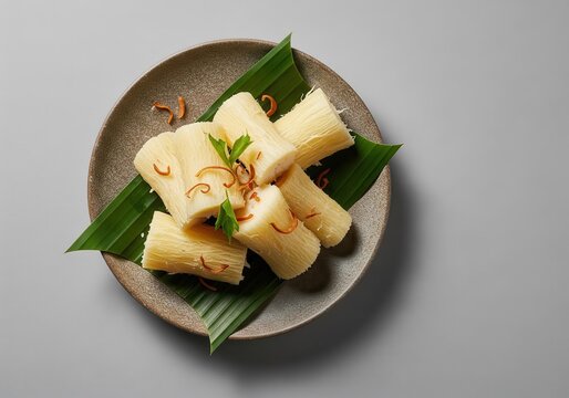 Boiled cassava served on banana leaf in a plate for traditional meal