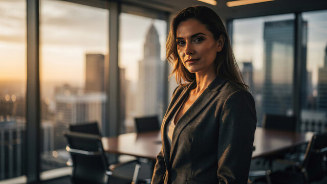Confident businesswoman in a dark suit, looking forward with city skyline and sunset through conference room window, ideal for corporate branding, executive portraits and business success campaigns