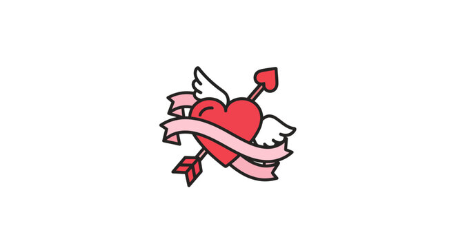 Tattoo heart with wings and ribbon.