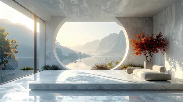 Modern minimalist interior with a scenic landscape view through a circular window