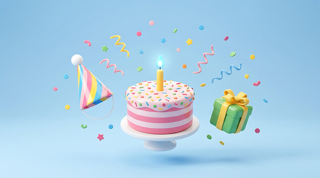 A colorful birthday cake with a lit candle surrounded by confetti and a gift on a table indoors