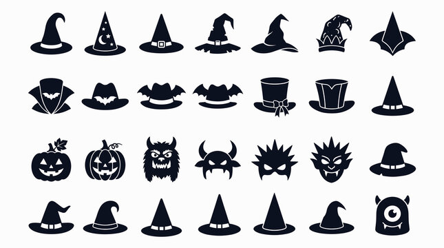 Halloween Icons: Witch Hats, Monsters, Pumpkins, Bats, Vampire Collar, Top Hats