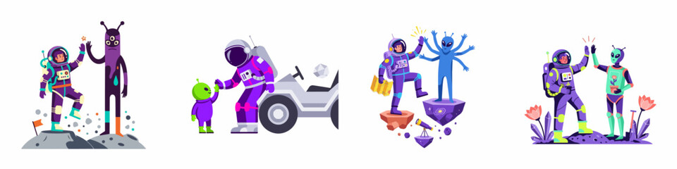 Set of vector illustrations showing friendly interactions and cooperation between human astronauts and diverse aliens in outer space environments. © Kreco