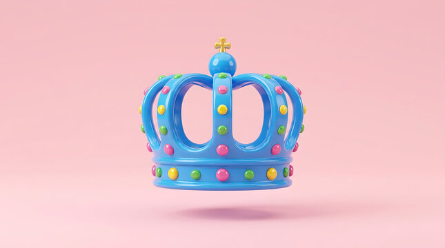A colorful blue crown with jewels sits on a pink surface indoors.