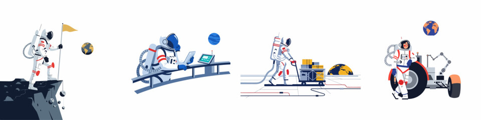 Set of four flat vector illustrations featuring astronauts exploring the moon, conducting research, transporting cargo, and operating a lunar rover in space. © Kreco
