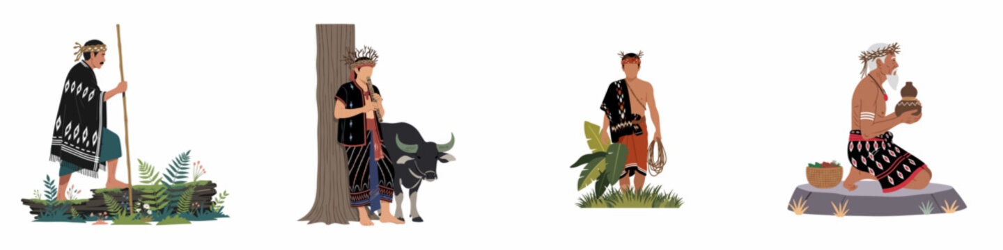 Four illustrations of indigenous Southeast Asian men in traditional tribal attire performing cultural activities like herding, playing music, and ceremonial rituals.