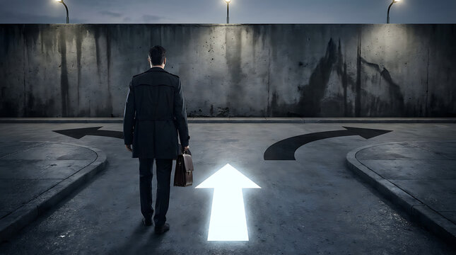Man in suit walks towards glowing arrow on dark road with multiple paths