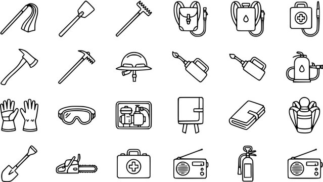 Wildfire Fighting and Emergency Preparedness Tools  Equipment Icons Set - Black and White Line Art