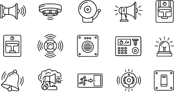 Black and white line art icons of fire alarm system equipment, security, safety