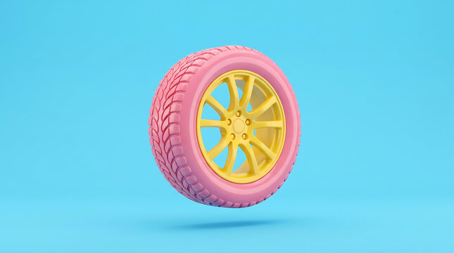 A pink tire with a yellow rim floats in mid-air on a blue background.