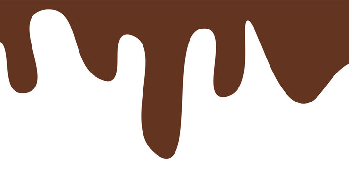 Melted chocolate or syrup drips isolated on a white background. Flowing liquid chocolate border element. A sweet brown syrup or sauce that melts and drips.