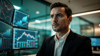 Fototapeta premium Focused man in suit analyzing stock market charts on multiple screens, modern office environment, concept for financial trading, data analysis and investment management