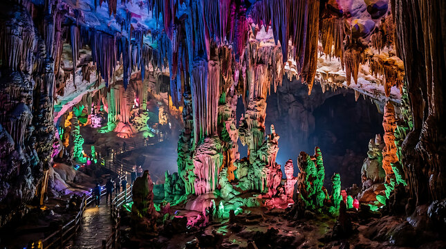 Vibrant stalactites and stalagmites illuminate a dark cave with colorful lights, showcasing Nature's abstract formations and Landscape.