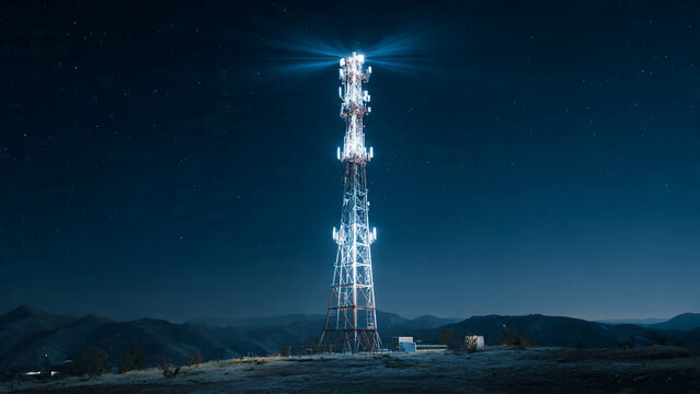 Illuminated cellular tower at night with bright lights against starry sky, broadcasting signal across landscape, concept for communication, connectivity and telecommunication infrastructure promotion