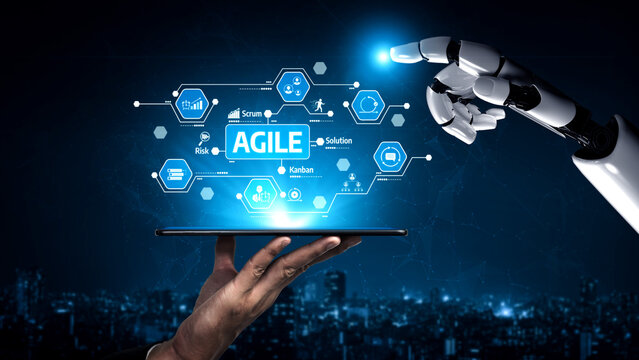 A futuristic robotic hand engages with digital elements representing agile methodologies and project management in a vibrant urban setting, highlighting technology role in innovation. Tessel