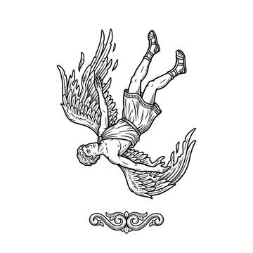 Icarus falling from the sky with wax wings