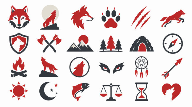 Red and black wolf and nature themed icons set.