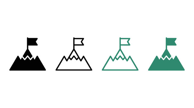 Mountain peak with flag icon set representing achievement and success
