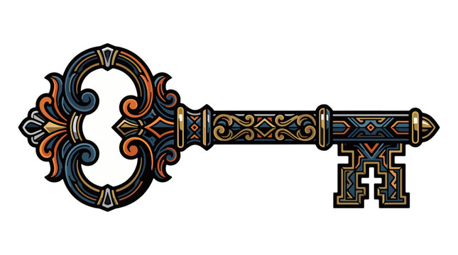 Elegant antique skeleton key with intricate ornamental engravings, vintage-inspired bow, long decorative shaft and detailed teeth, bold streetwear graphic vector illustration, mascot logo style, graff