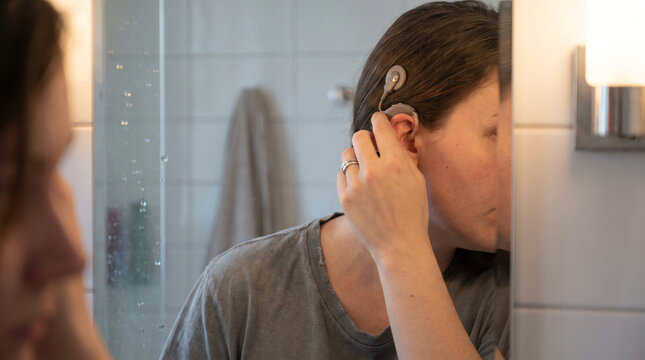 Woman adjusting cochlear implant hearing aid in mirror