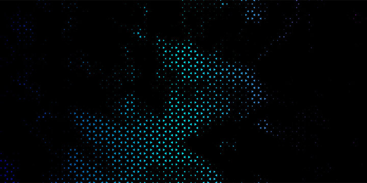 Futuristic triangle halftone dots on black background. Abstract neon blue and purple gradient matrix texture for techno banner and creative wallpaper design