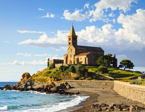 Coastal scene a historic stone church atop a grassy hill. A small beach & the sea are in front, set against a bright sky