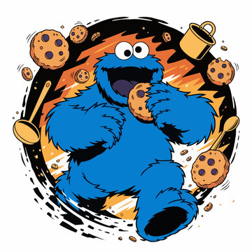 Blue Cookie Monster Eating Chocolate Chip Cookies.