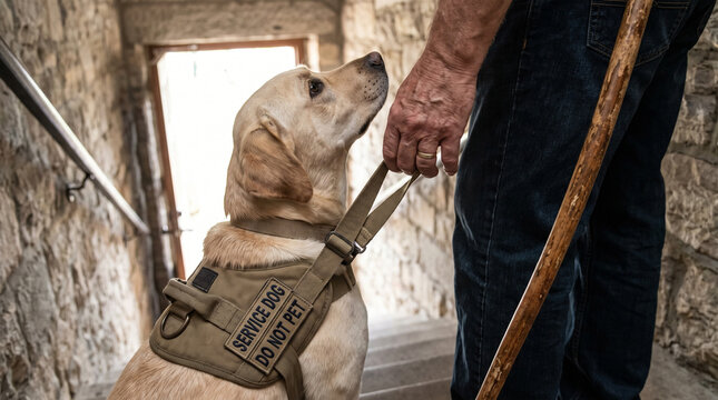 Service dog in vest helping man on stairs