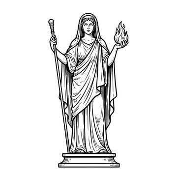 Standing priestess holding a staff and eternal flame.