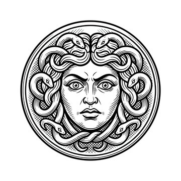 Medusa gorgon head medallion engraving with snakes.