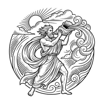 Triton blowing conch shell in circular engraving style.