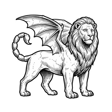 Winged manticore lion with scorpion tail sketch.