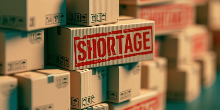 Stacked cardboard boxes in a warehouse with a red shortage stamp highlighting supply chain issues and inventory scarcity.