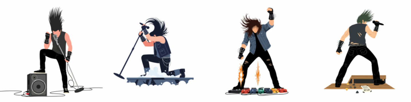 Collection of four heavy metal singer illustrations performing on stage with dynamic poses, featuring long hair, microphones, and various concert equipment in vector style.