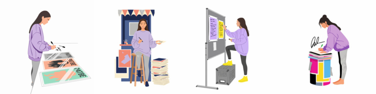 Set of illustrations depicting a young female artist signing prints, working at a craft market booth, planning on a whiteboard, and sketching creative projects.