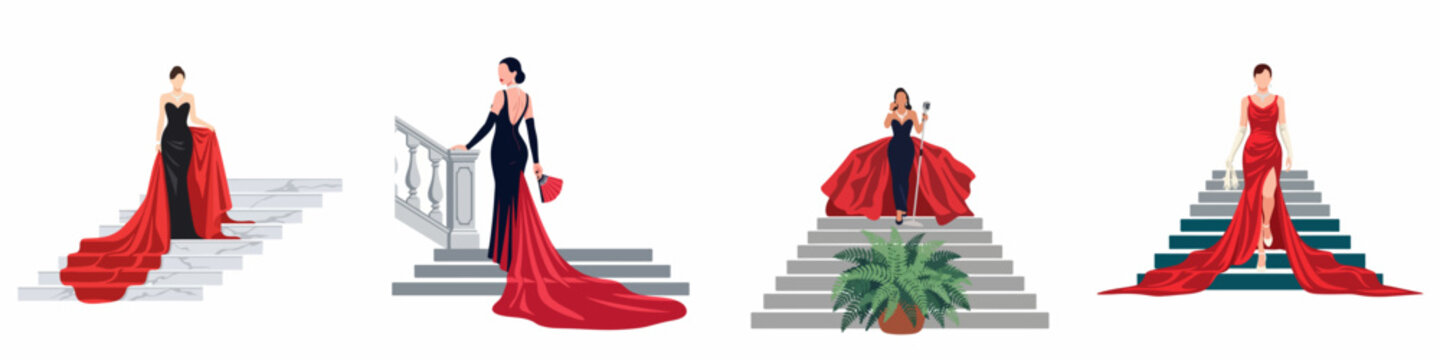 Set of elegant women in glamorous evening gowns with long red trains standing on grand staircases, representing luxury, gala events, and high fashion.