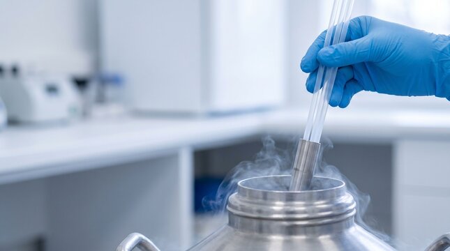 Laboratory specialist placing cryopreservation straws into liquid nitrogen tank for sperm freezing, fertility preservation and long-term reproductive sample storage