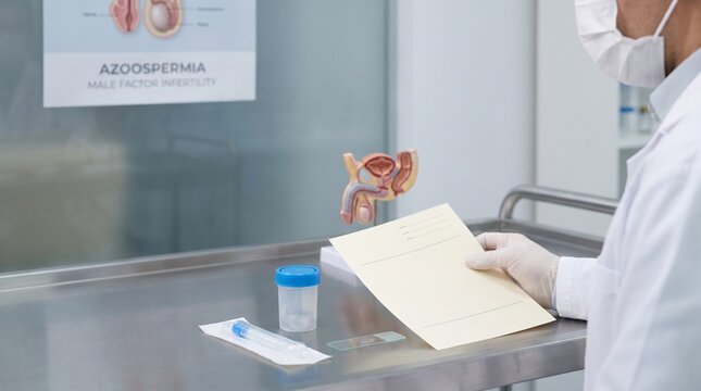 Andrology specialist reviewing azoospermia test results beside semen specimen cup, microscope slide and male reproductive anatomy model in a fertility laboratory