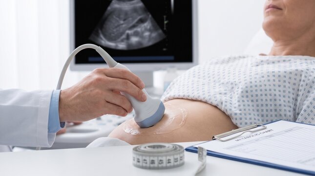 Doctor performing abdominal ultrasound on an overweight adult patient to assess liver health, fatty liver disease and metabolic syndrome in a clinical setting