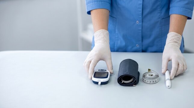 Clinician arranging glucometer, blood pressure cuff, measuring tape and lancing device for diabetes, hypertension and metabolic syndrome screening