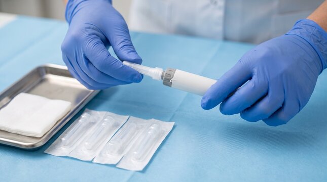 Clinician in blue gloves attaching a disposable pen needle to an insulin injection pen on a sterile drape, preparing for subcutaneous diabetes medication administration