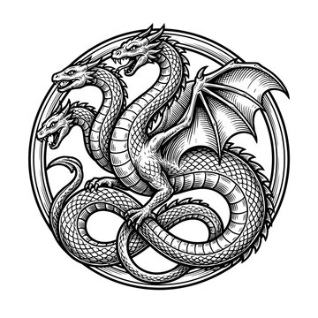 Circular engraving of three-headed hydra dragon.