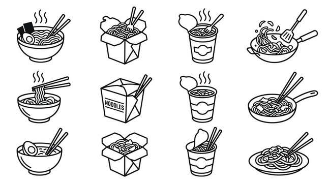 Asian noodle bowl and takeout box line icon set.