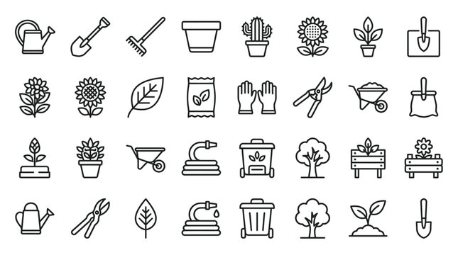 Gardening tools and plants icons set.