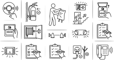 Fototapeta premium Safety and Emergency Fire Protection Black Line Art Icons Set. Hand-drawn Outline Symbols for First Aid, Evacuation, Hazard Prevention, and Workplace Safety