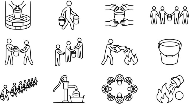 Water Management, Community Aid, and Fire Safety Line Art Icons: Bucket, Well, and Pump Glyph Set