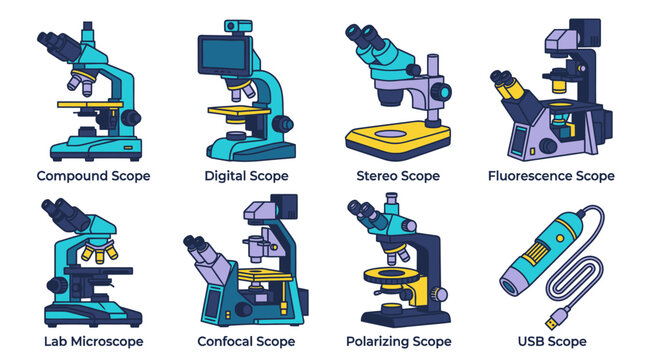Colorful flat microscope icons for laboratory research and scientific analysis.