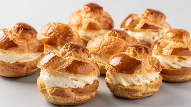 Group of Sweet French Cream Puffs Pastry with Vanilla Filling