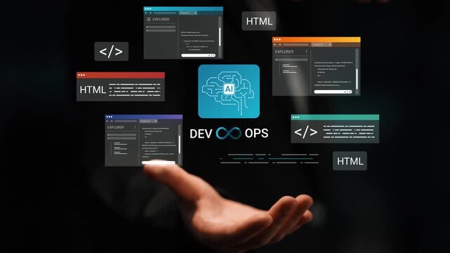 Digital transformation showcasing coding elements, artificial intelligence, and DevOps methodologies integrating various programming languages and technologies Gluon.